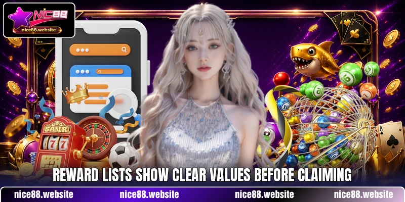 Reward lists show clear values before claiming Reward lists show clear values before claiming